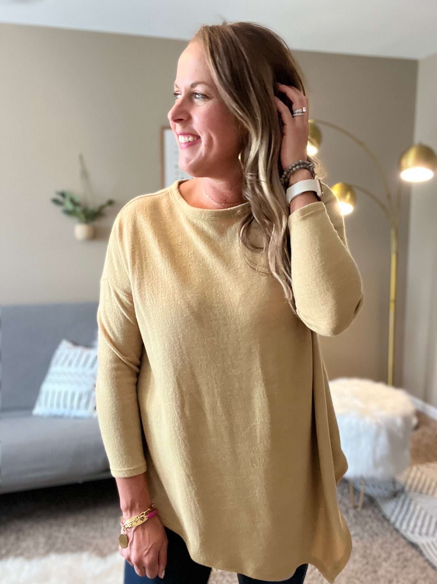 Two tone brushed sweater top with asymmetrical hem - mustard