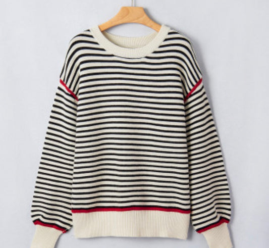 Black stripe ribbed trim sweater