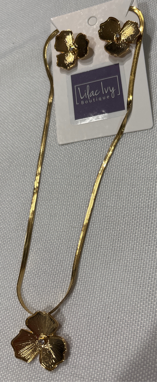 Gold flower necklace, and earrings set
