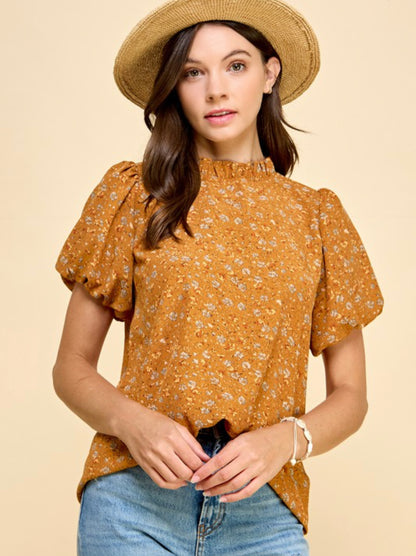 Floral mock neck top with puff sleeves - mustard