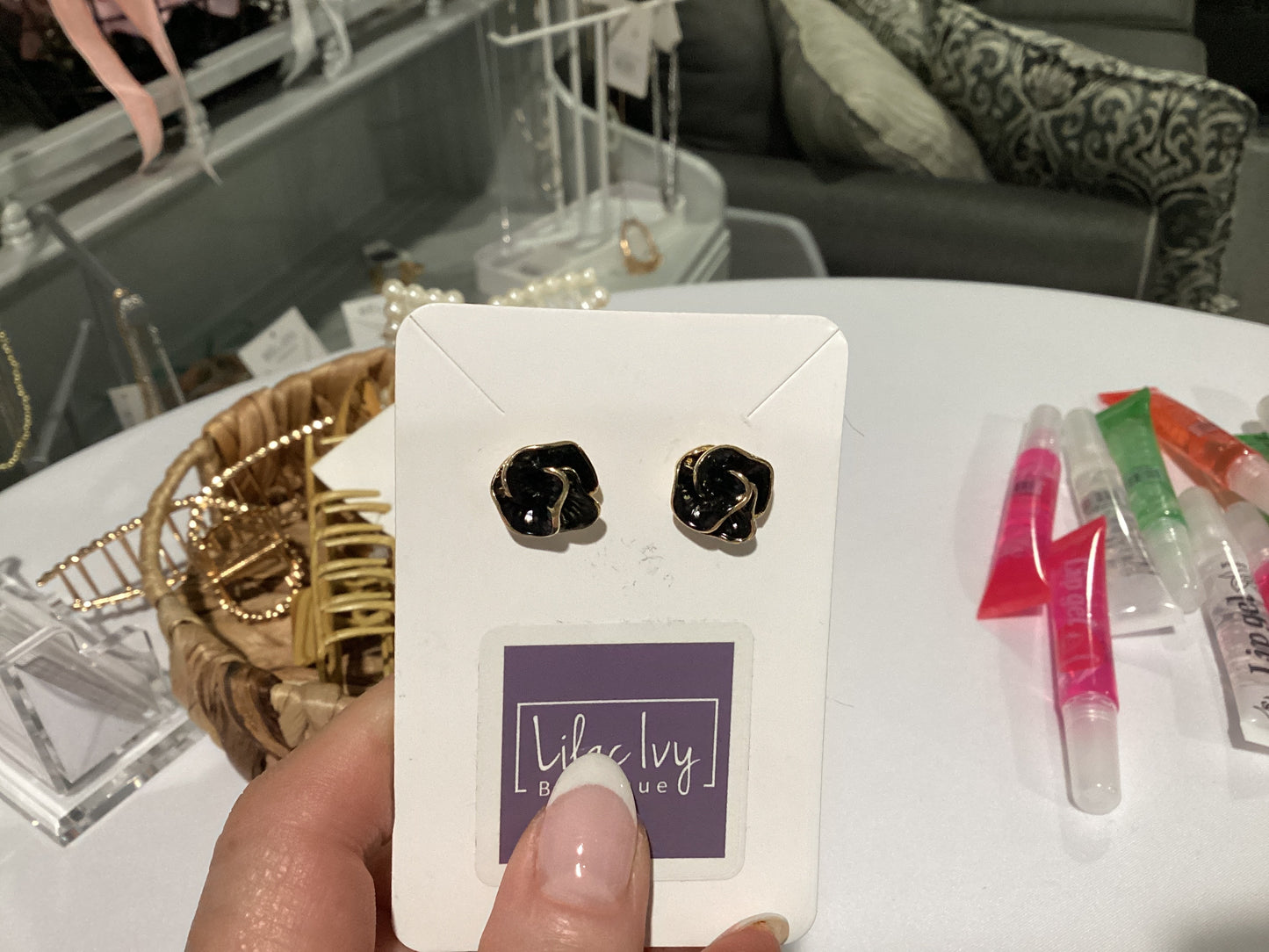 Black and gold enamel rose earrings