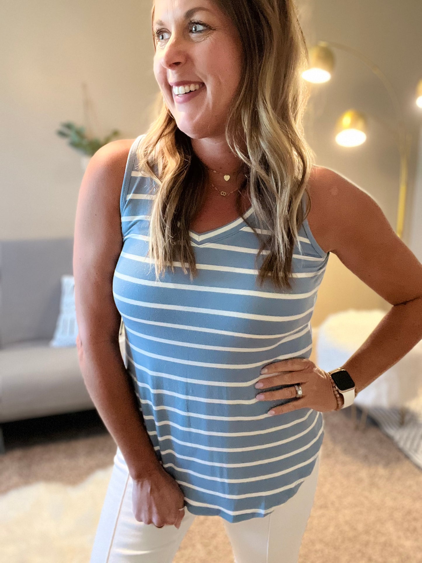 Striped sleeveless V-neck top