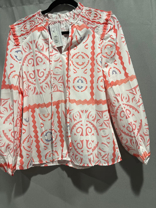 Print v-neck smocked long sleeve blouse