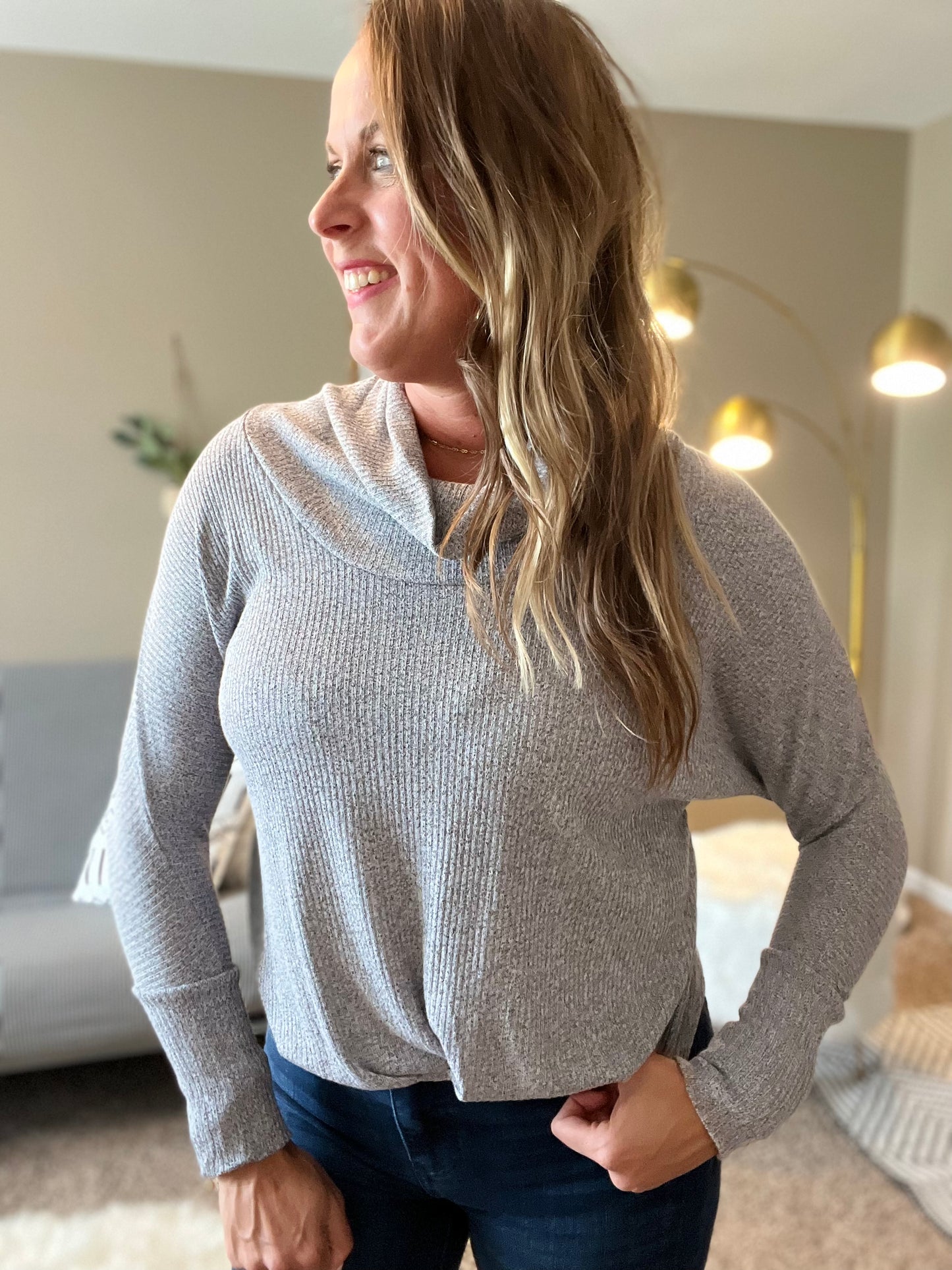 Cowl neck waffle knit top with draping detail in front - gray
