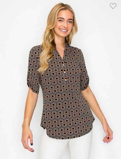 Printed collar button placket short sleeve top - multiple colors
