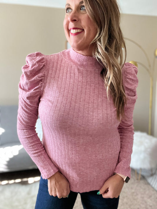 Ribbed mock neck puff long sleeve top