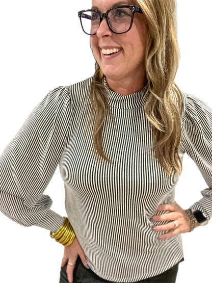 Ribbed mock neck puff long sleeve top