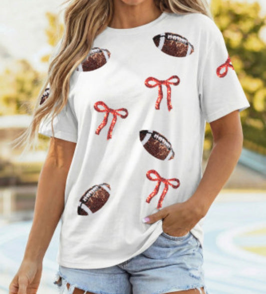 Football and ￼Bow print round neck, casual T