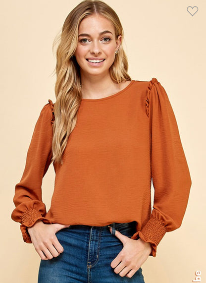 Long sleeve top with ruffle sleeve adobe/red brown