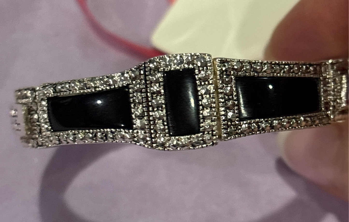 Ebony and rhinestone silver stretch bracelet
