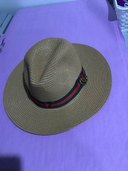 Geo decorated green and red band fedora hat in khaki