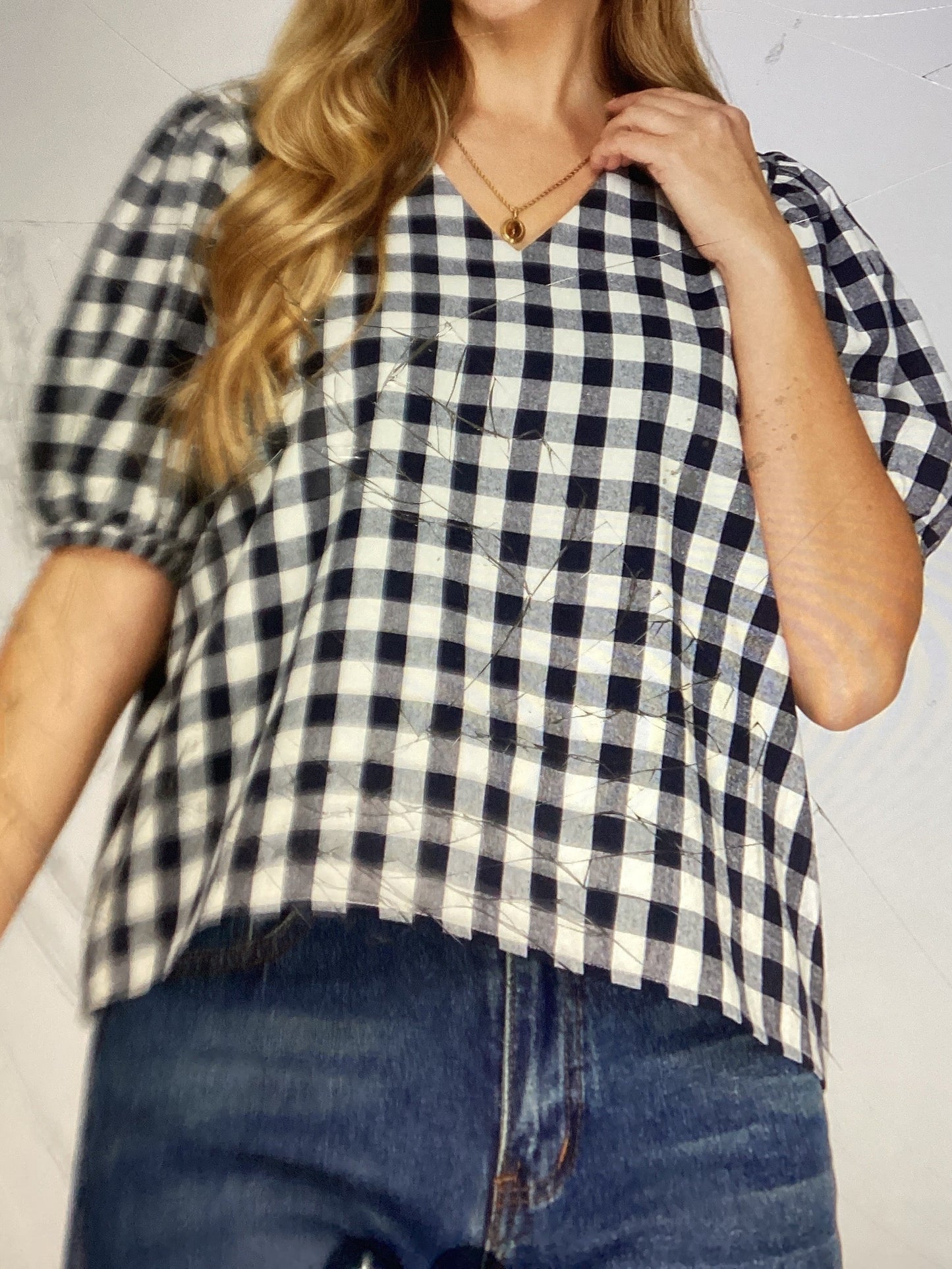 V-neck gingham checked top