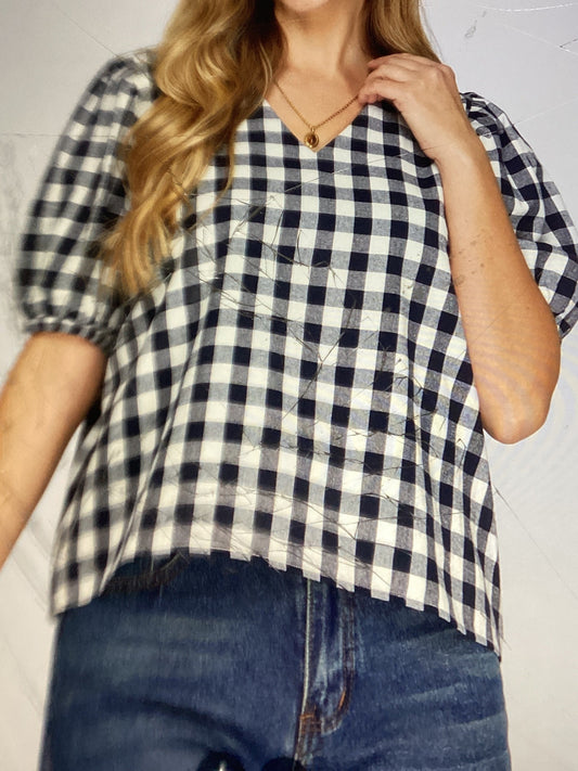 V-neck gingham checked top