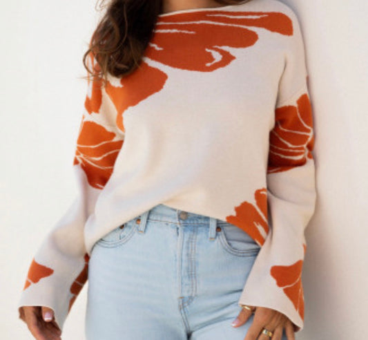 Flower pattern wide sleeve sweat sweater