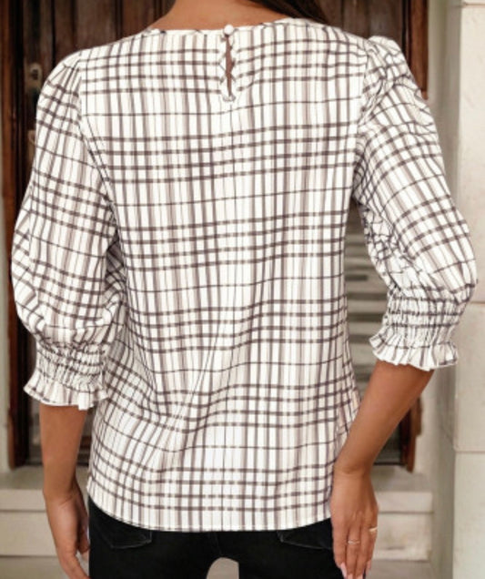 Plaid Frilled puffy half sleeve blouse