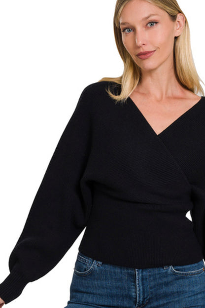 Cross wrap pullover sweater black