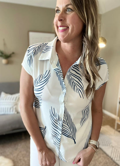 Navy leaf print blouse