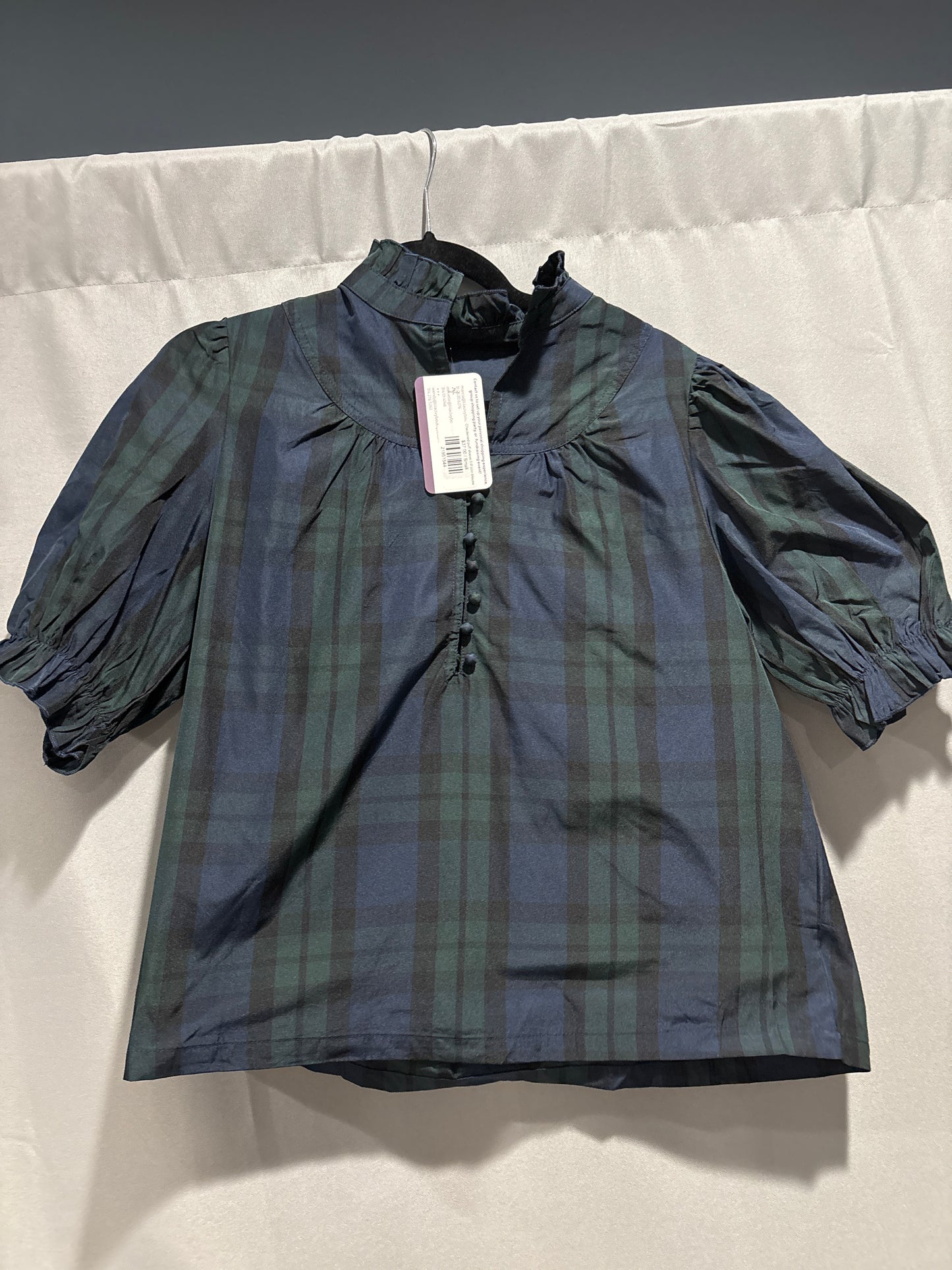 Checkered puff sleeve frill trim blouse