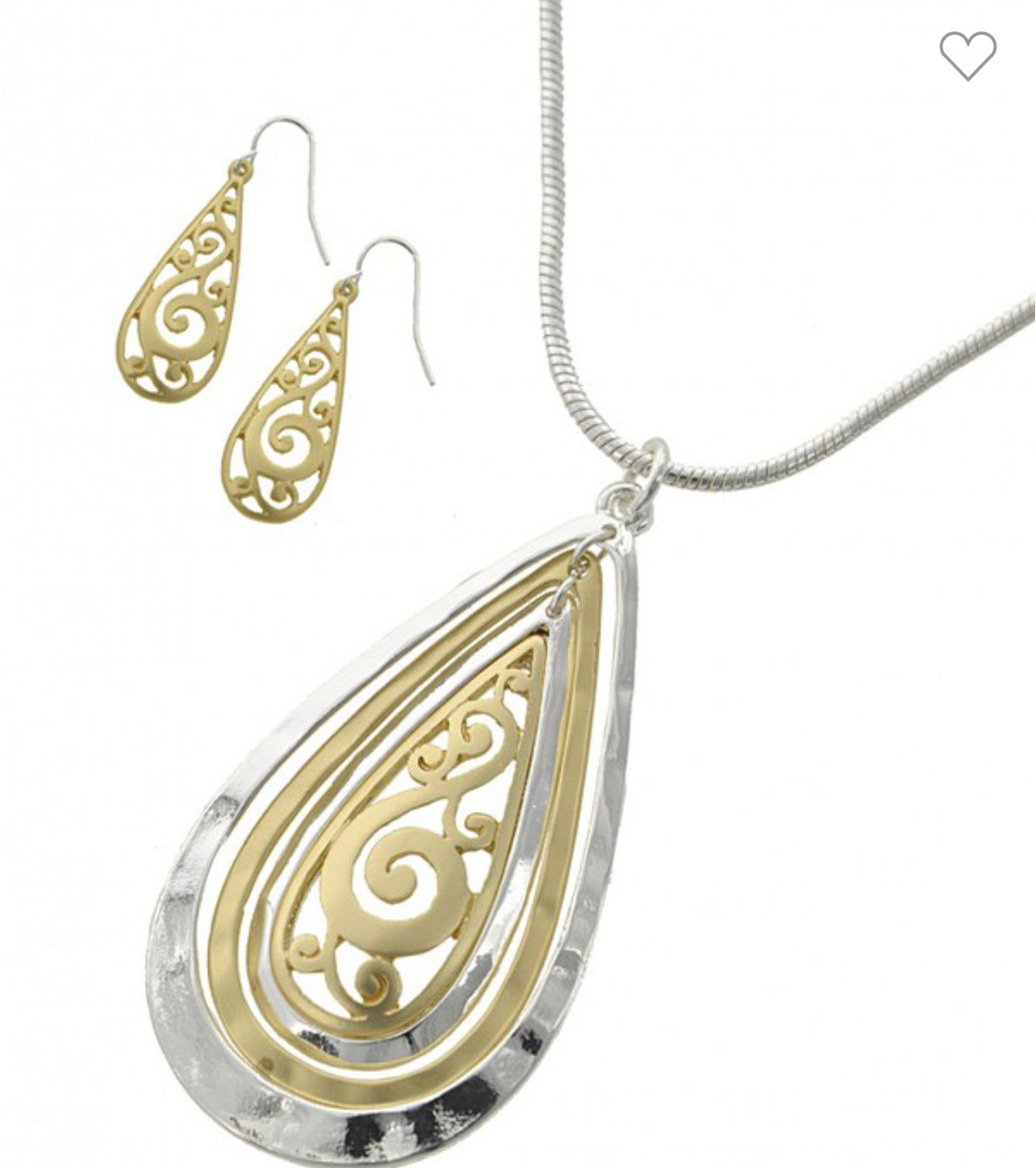 Filigree, pendant, and earrings, mixed metal