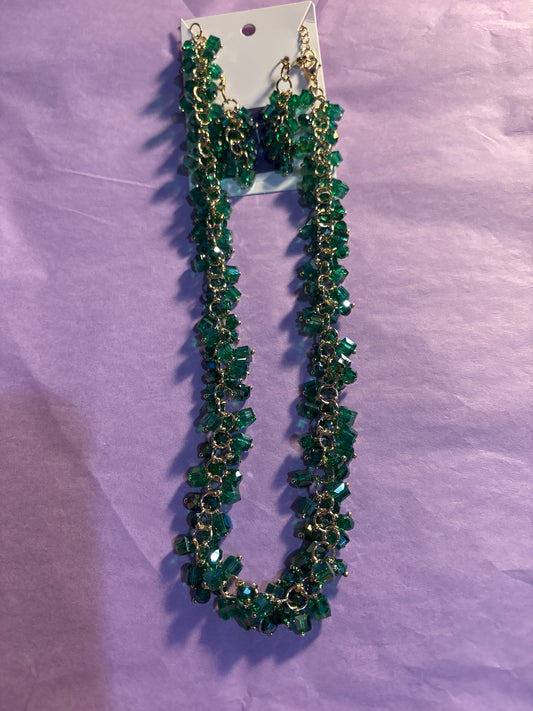 Green stone and gold necklace and earrings