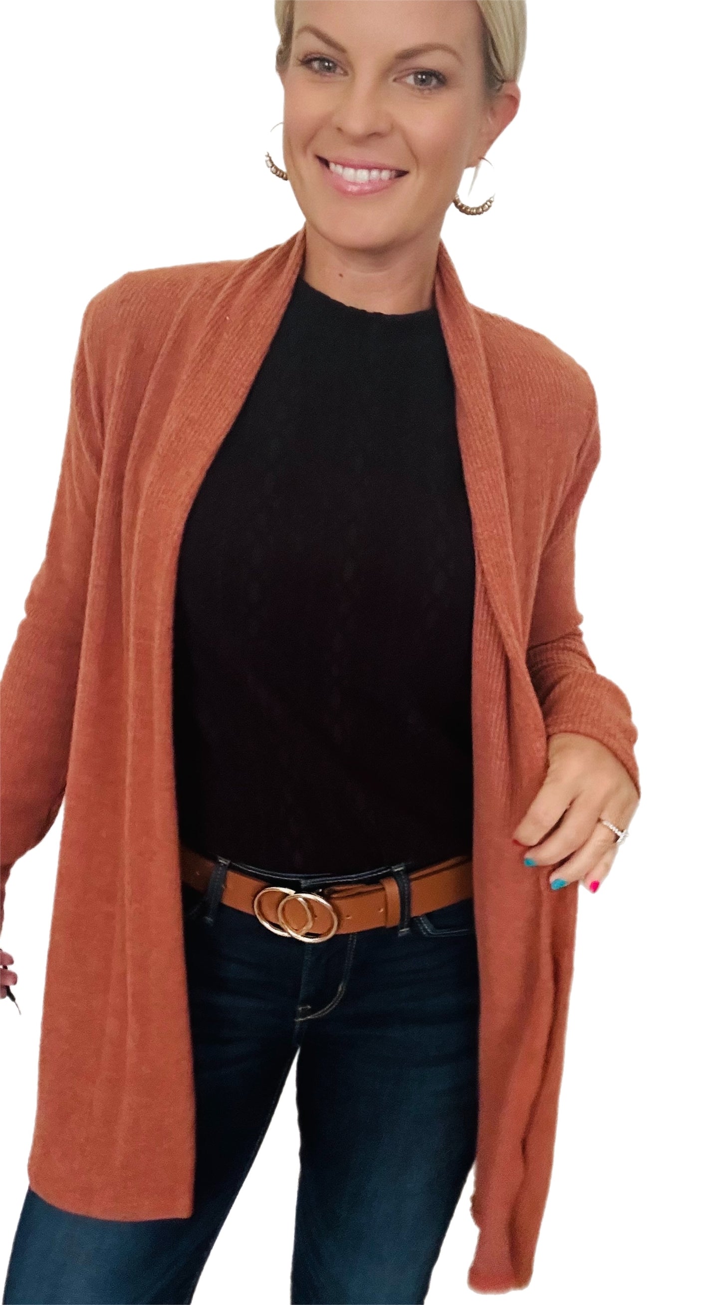 Brushed ribbed cardigan - rust