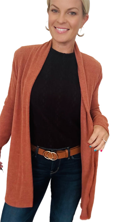 Brushed ribbed cardigan - rust
