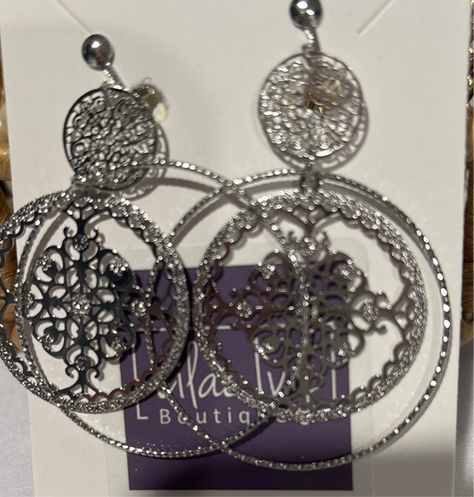 Silver round, snowflake earrings, clip