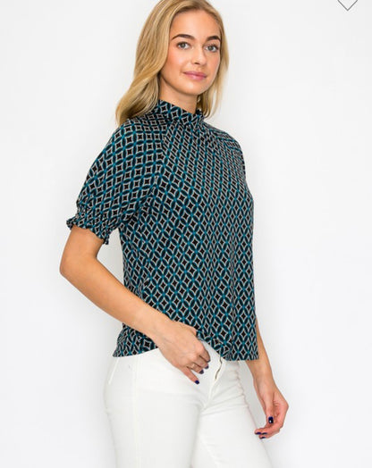 Mock neck short sleeve blouse