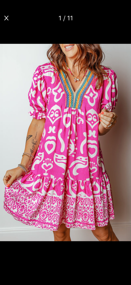 BoHo V-neck, short sleeve flare dress