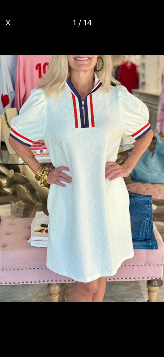 Textured color block, edge, puff sleeve, quarter zip mini dress