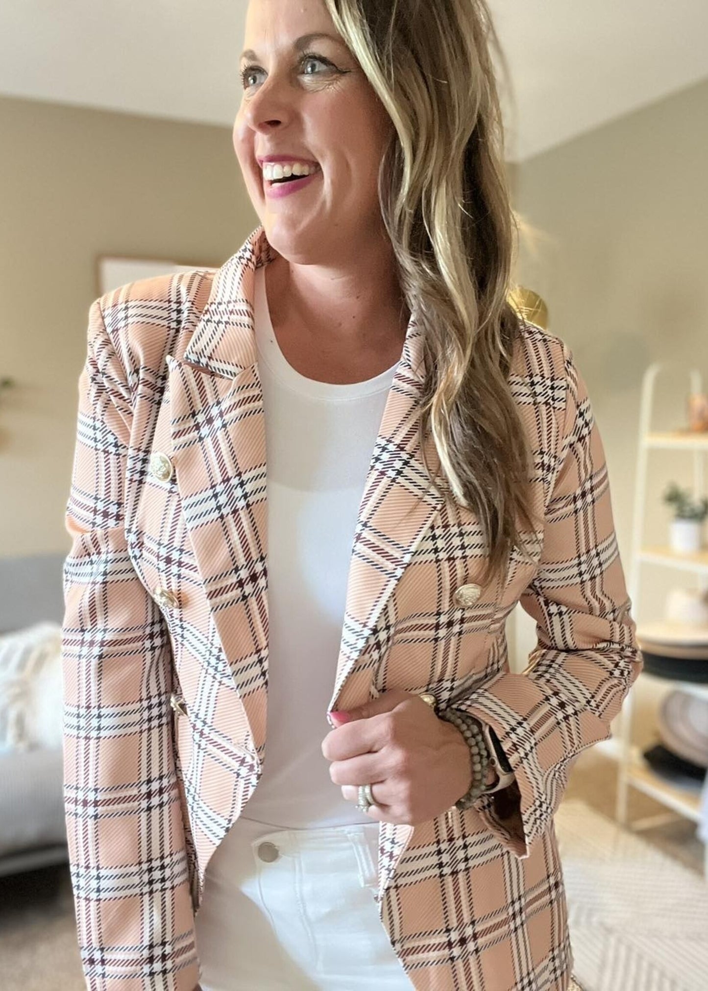 Plaid print blazer with double breast buttons