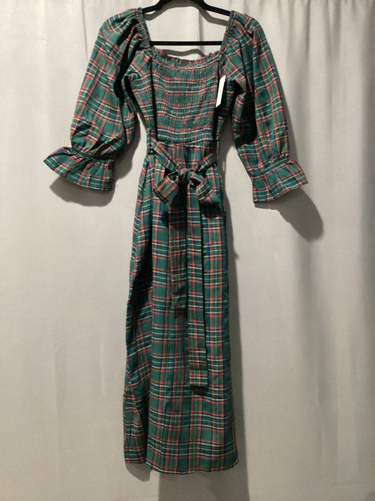 Tartan plaid square neck, puff sleeve midi dress