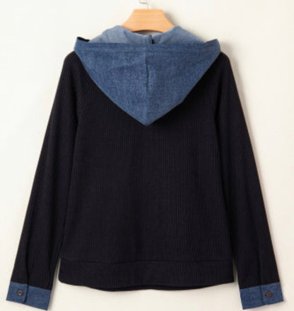 Denim patchwork, hooded, long sleeve top