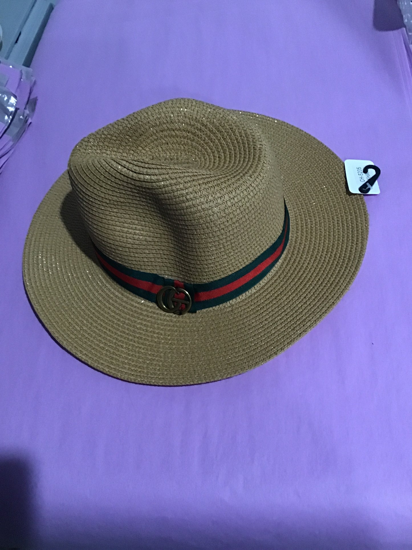 Geo decorated green and red band fedora hat in khaki