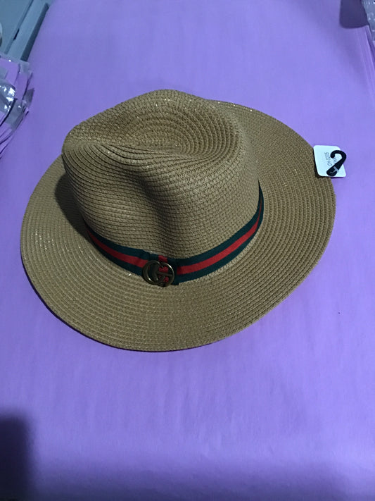 Geo decorated green and red band fedora hat in khaki