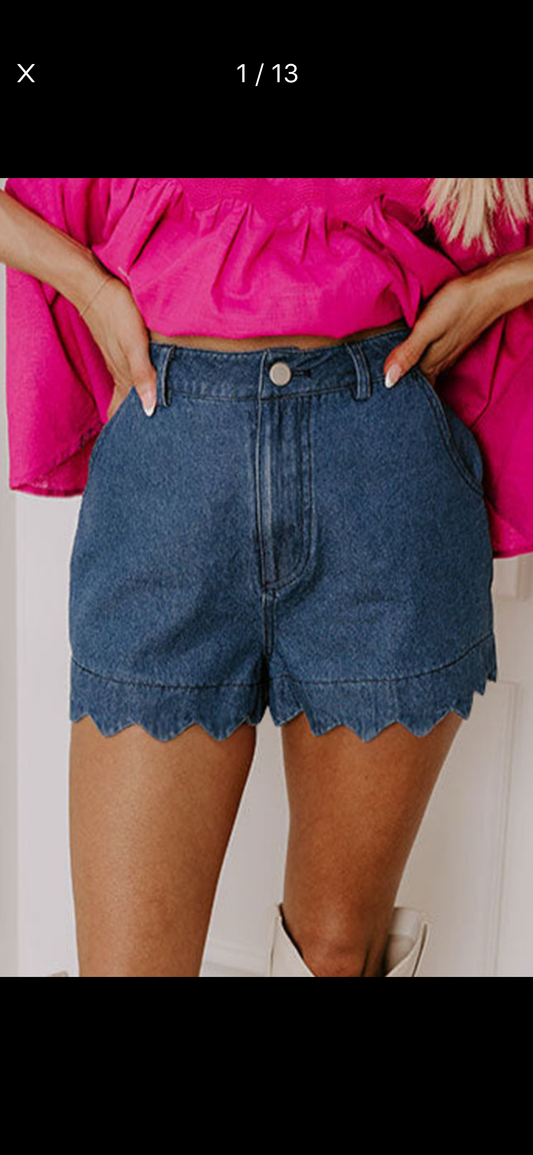 Sail blue, scalloped hemline denim shorts