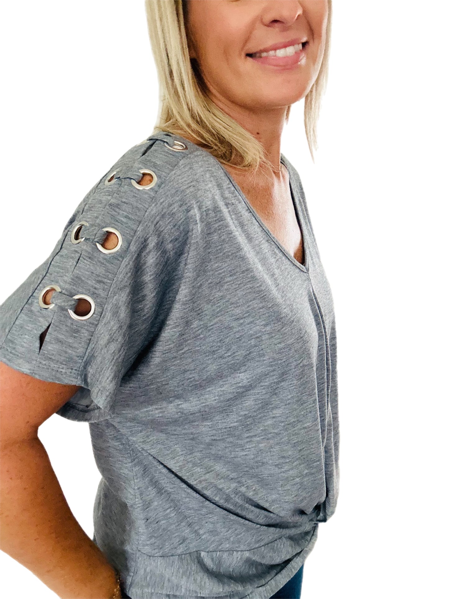 Grommet dolman sleeve knot front knit tee - gray