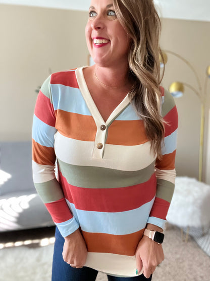 V-neck long sleeve stripe top