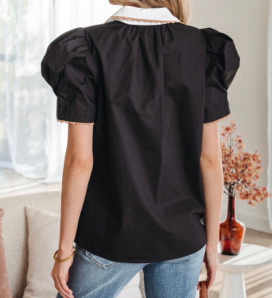 Rick rack, trim shirt collar, short sleeve blouse