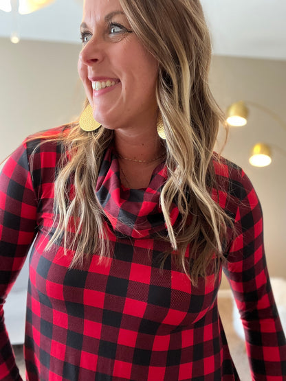 Red check cowl neck tunic