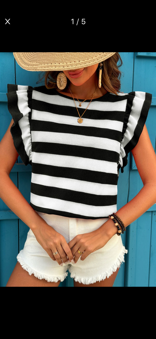 Black stripe, flutter sleeve T-shirt