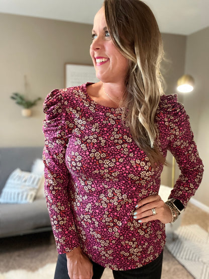 Long puff sleeve print top black/purple