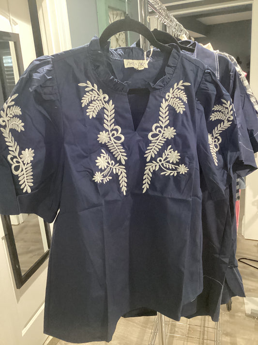 Navy blouse with embroidered sleeves