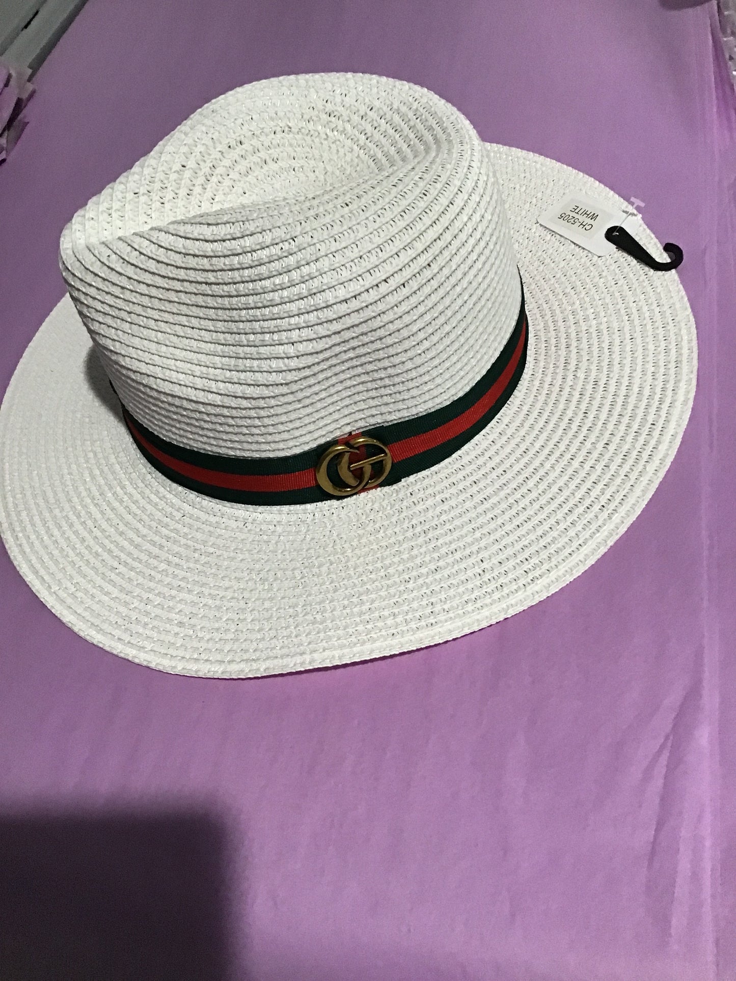 Geo decorated green and red band straw fedora hat