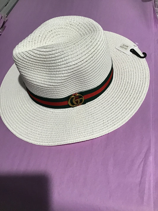 Geo decorated green and red band straw fedora hat