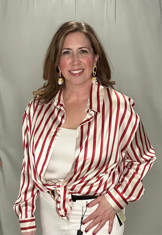 Long sleeve button-down stripe satin blouse