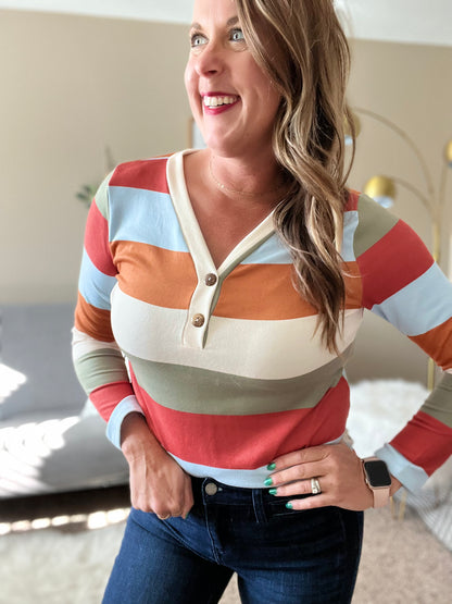 V-neck long sleeve stripe top