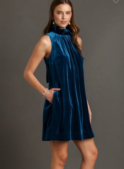 Velvet high neck dress teal