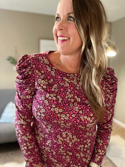 Long puff sleeve print top black/purple