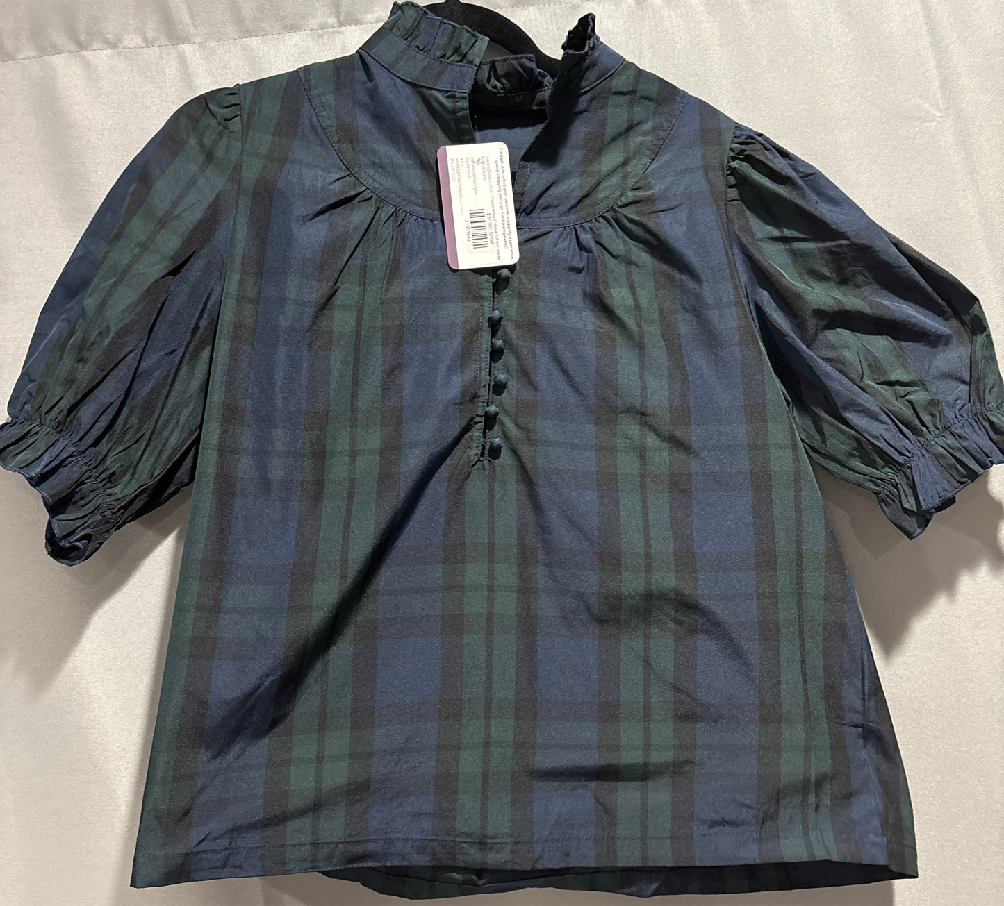 Checkered puff sleeve frill trim blouse